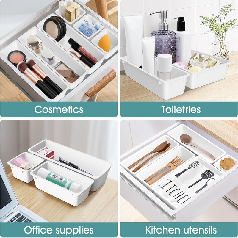WOWBOX 25 PCS Plastic Drawer Organizer Set, 4 Sizes Desk Drawer Divider Organizers and Storage Bins for Makeup, Jewelry, Gadgets for Kitchen, Bedroom, Bathroom, Office, White - Image 4